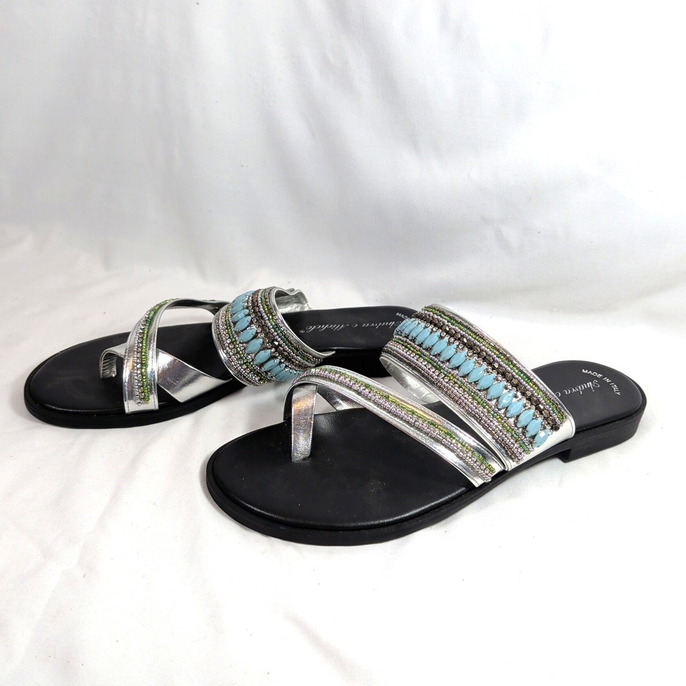 Andrea e Michele Silver Sandals; Beaded Toe Loop Flat Slides